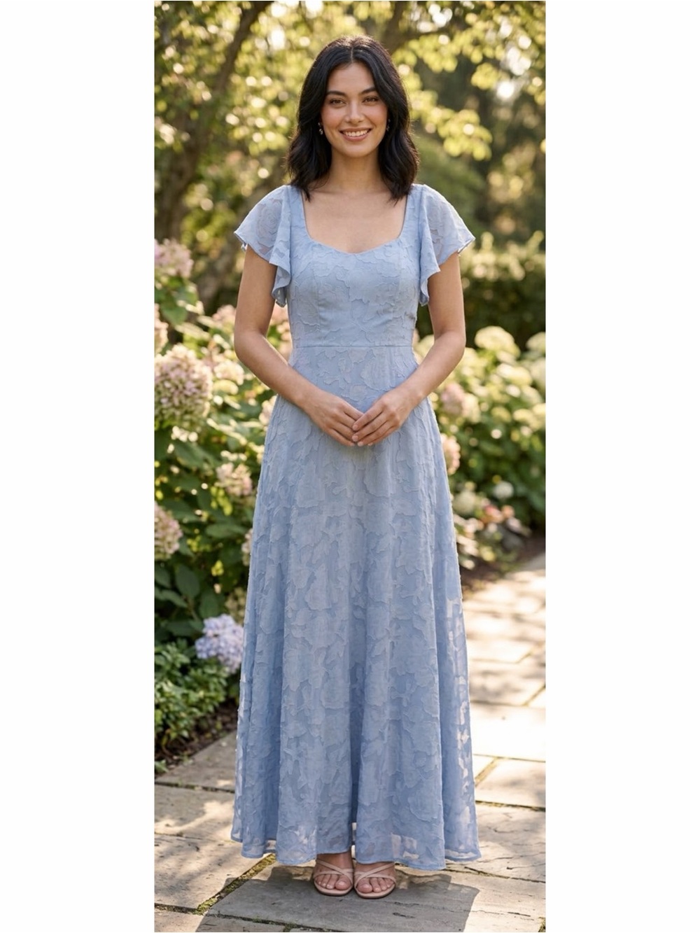 Azazie Dusty Blue Floral Burnout Maxi Dress A14 Flutter Sleeve Bridesmaid